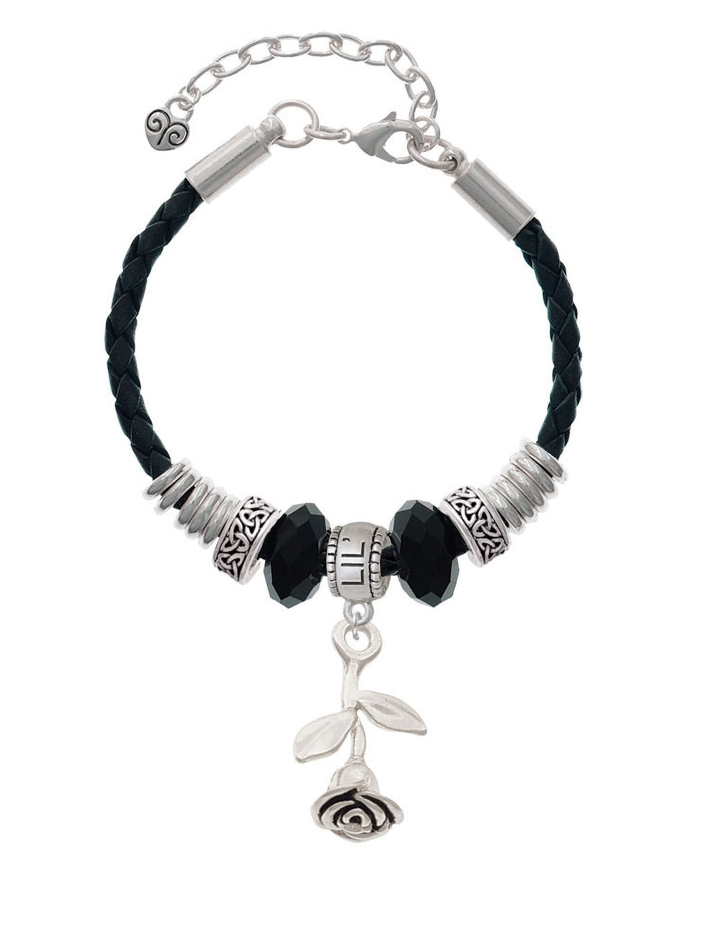 Bracelet, Bead Lil Delight Sister Celtic Silvertone Knot Extender Stemmed Leather Rose 7"+2" Jewelry