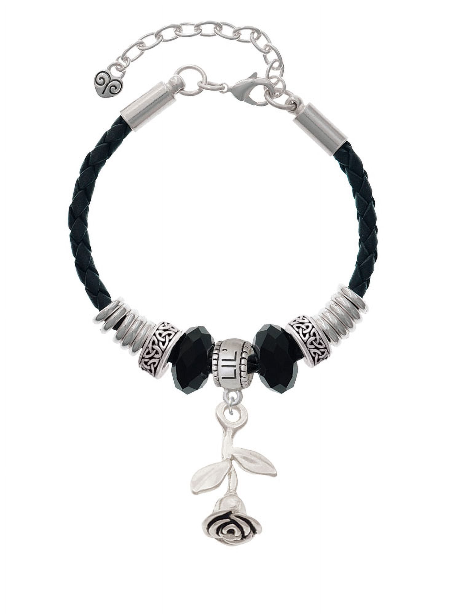 Bracelet, Bead Lil Delight Sister Celtic Silvertone Knot Extender Stemmed Leather Rose 7"+2" Jewelry