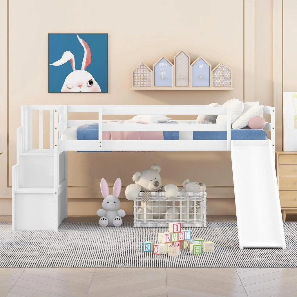 Wood &amp; Low Stairs Spring Bed Safety with Bright Size Teens Slide Frame (White) NLTBONNIE and Box with Toddlers Designs Twin Needed Loft for Harper No Rail Bed Loft