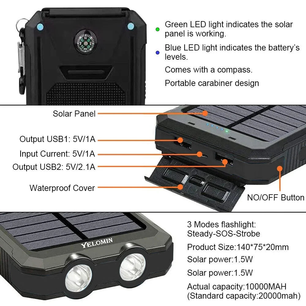 Charger Cell Solar USB Power Bank 10000000mAh Portable Phone, for Black. Super
