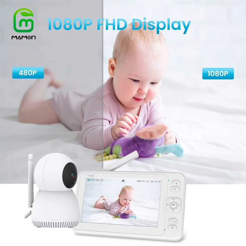 Display 1080P Capacity MAMON 5" with Remote Battery Monitor Two Audio Way Large HD Talk and Video Camera Baby PTZ
