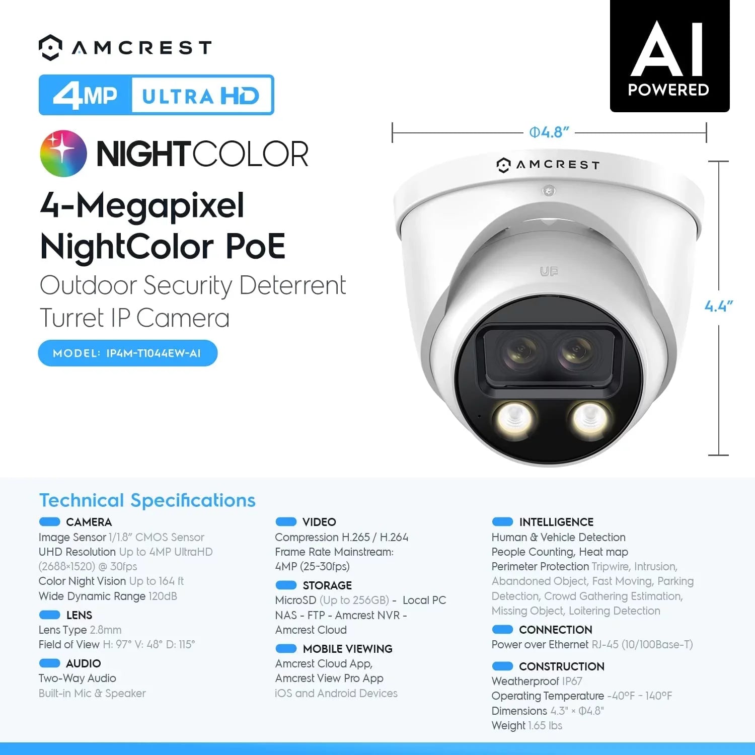 Turret (2 @25fps, AI Security 4K IP Amcrest 8MP 2K) 4MP) POE Dual-Lens (2 Camera, x x Outdoor