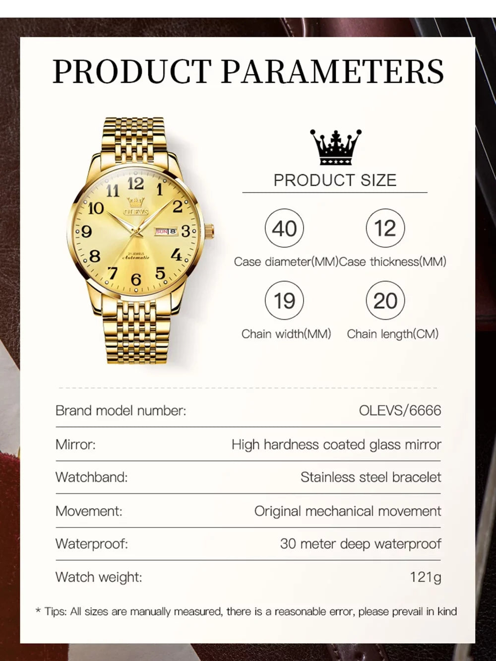 OLEVS Dial Numerals for Hombre, Watch Arabic Men Winding for Male Self Adult Gifts Men, Easy Face Waterproof Gold Reader Wristwatch Para Large Reloj