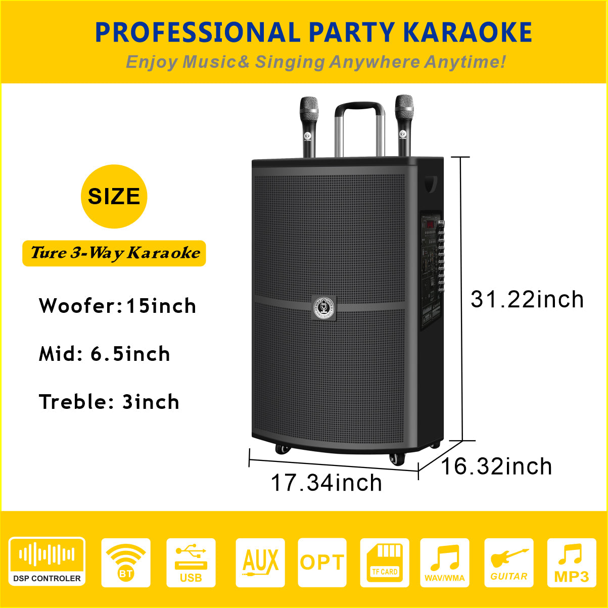 BT-1500DSP Mic. Singtronic UHF With Wireless Professional Karaoke Speaker 15" Rechargeable 2 DSP