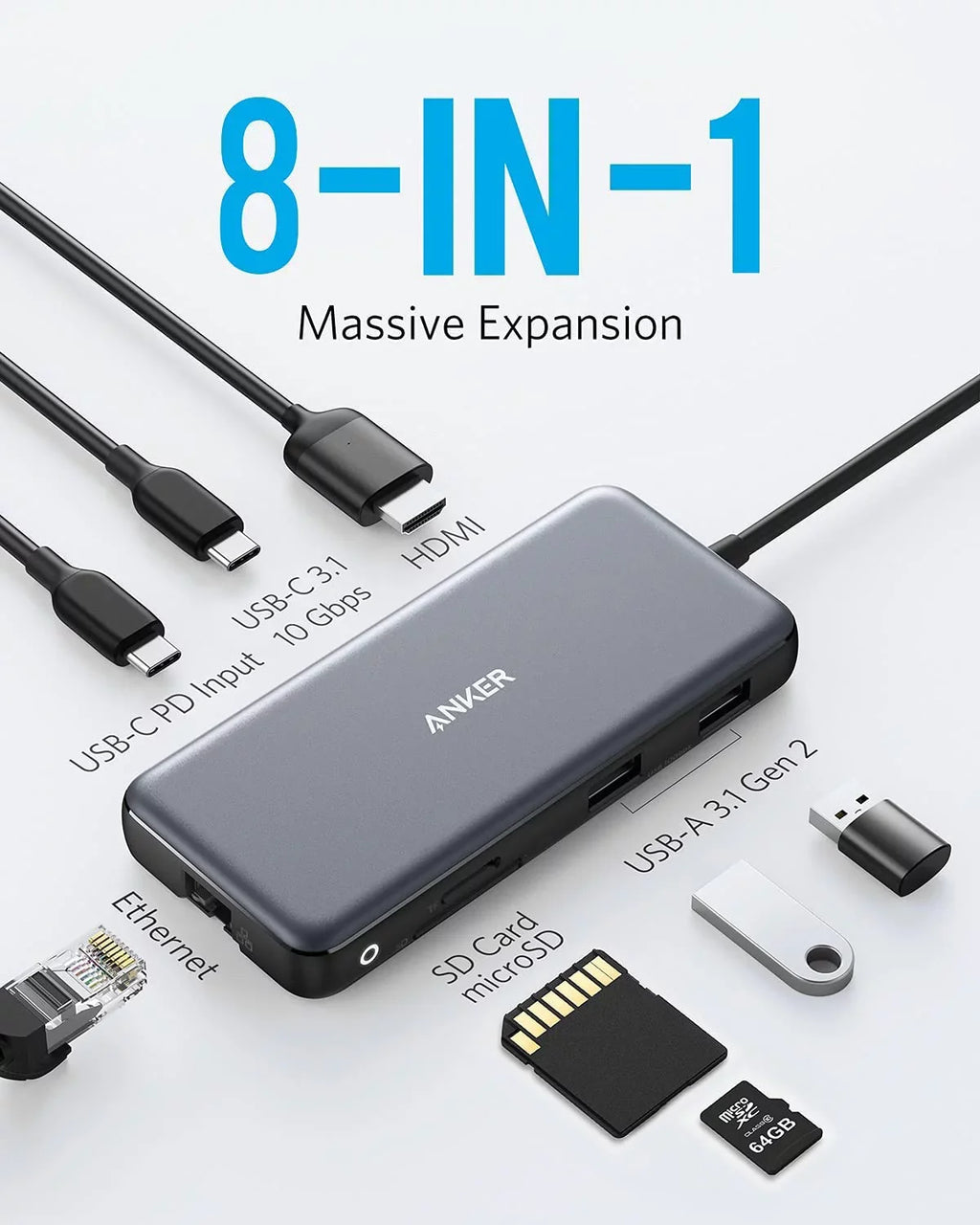 Delivery,4K with Port,SD 8-in-1 Card USB Anker Power 60Hz 100W Hub Reader HDMI,Ethernet C Adapter