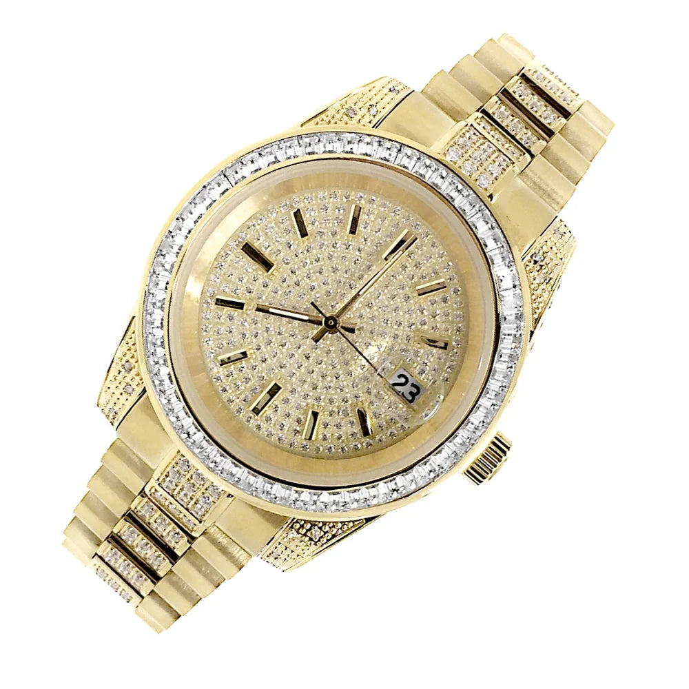 Stainless Presidential Tarnish 41MM Finish Watch Free New Diamond Simulated Yellow Unisex Gold Steel 18k