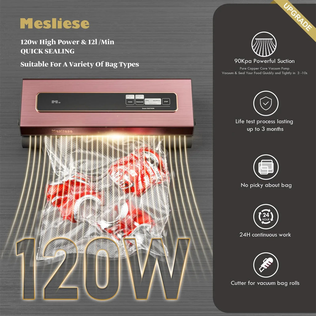 Powerful Modes Preservation 6-in-1 Strip, Food Mesliese Vacuum Cutter, 12mm 5 Pre-cut Widened 90Kpa Machine Sealer Bags, System Sealing Precision Compact 2 & Bag Dry&Moist with Rolls (Pink)