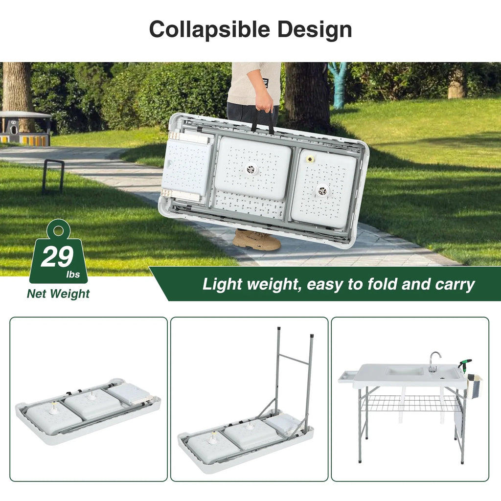 Sink Cleaning with Picnic Hoses/Rack/Basket, Flexible Sprayer, REDCAMP w/ Camping Portable for Table Fish Station 2 Patio Beach Folding Sinks Table Camping Faucet/Drainage Garden and Outdoor