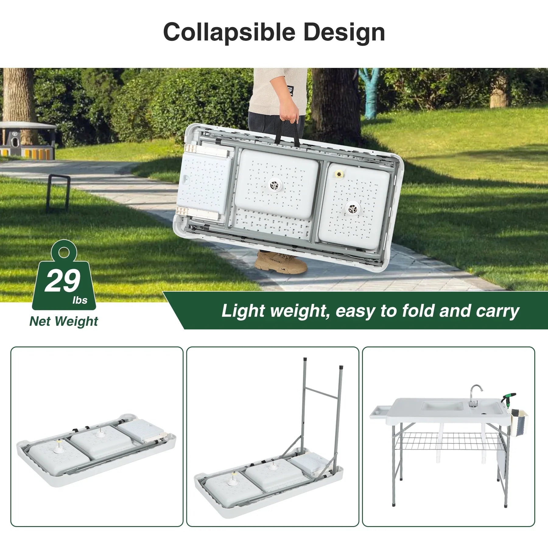 Sink Cleaning with Picnic Hoses/Rack/Basket, Flexible Sprayer, REDCAMP w/ Camping Portable for Table Fish Station 2 Patio Beach Folding Sinks Table Camping Faucet/Drainage Garden and Outdoor