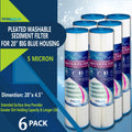 Filter Reusable Big Silt, by 20" Sediment 5 Dirt, Amplified Micron Rust, of Life (Set 6) Pleated Sand, & Big Area, Removes Extended Surface Washable for Blue Filter Housing, Ronaqua Blue