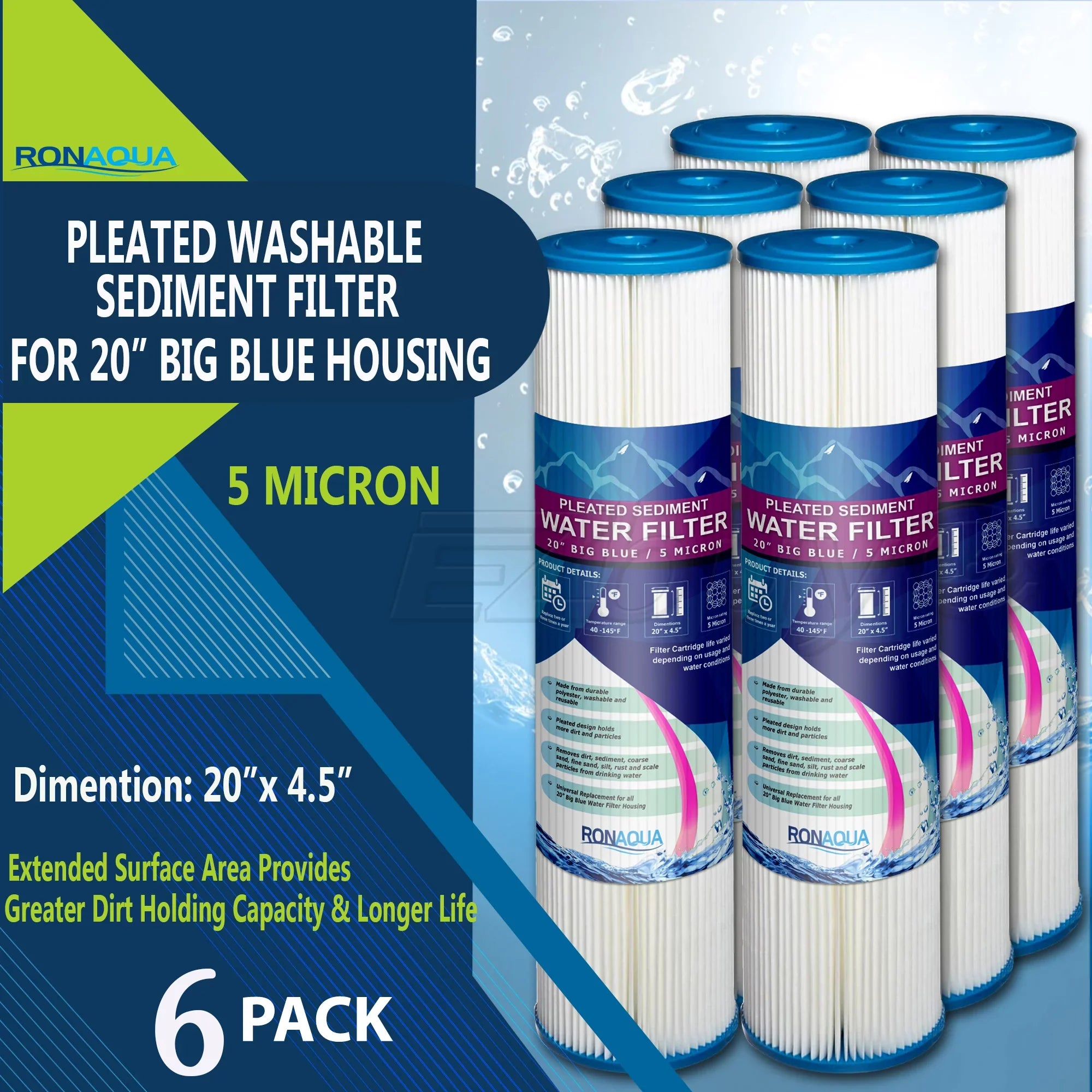 Filter Reusable Big Silt, by 20" Sediment 5 Dirt, Amplified Micron Rust, of Life (Set 6) Pleated Sand, & Big Area, Removes Extended Surface Washable for Blue Filter Housing, Ronaqua Blue