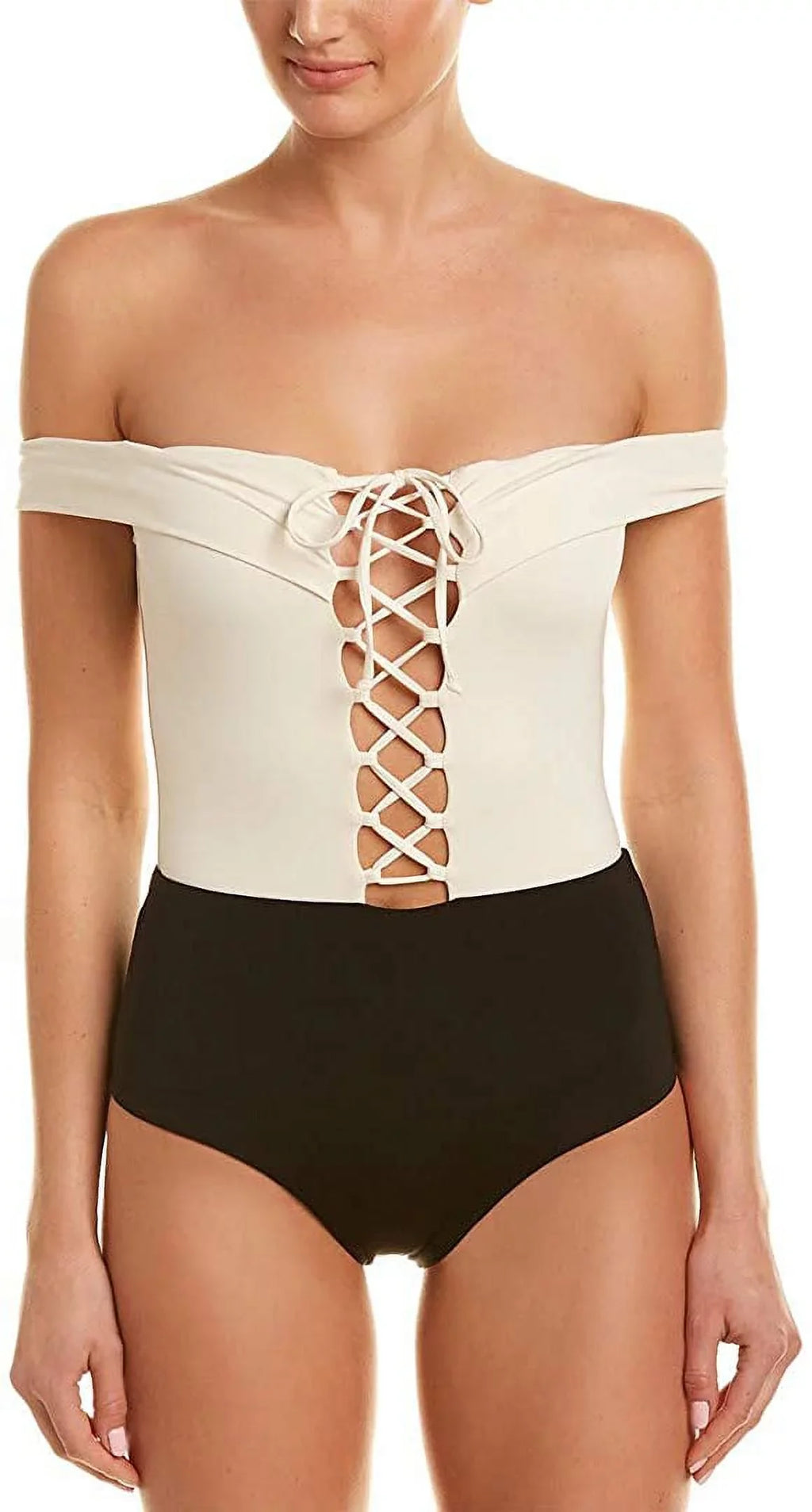 L*Space CREAM/BLACK/CAMEL Anja 12 US Off-the-Shoulder Piece Swimsuit, One