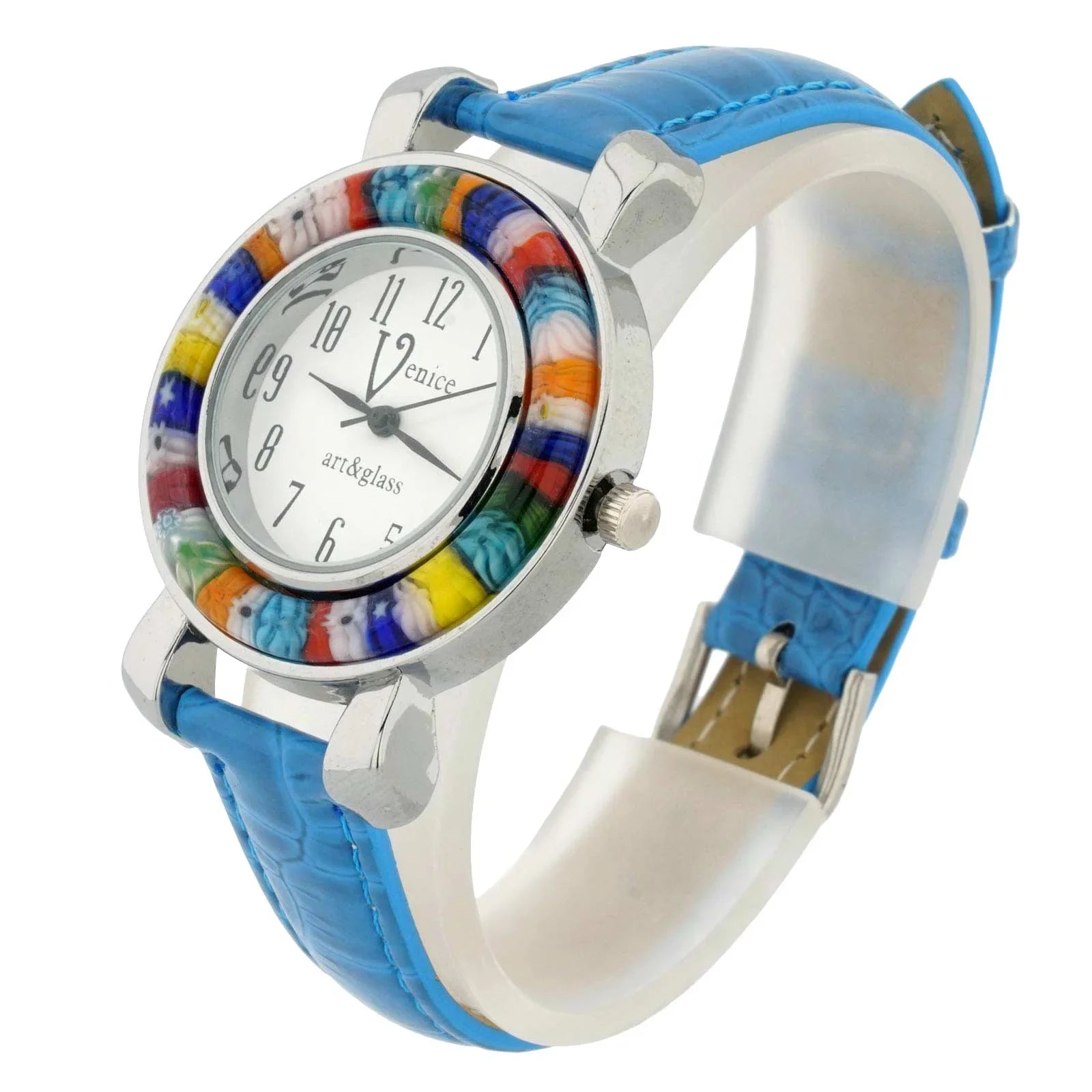 Blue With - Millefiori Band Leather Murano GlassOfVenice Watch Serena Light