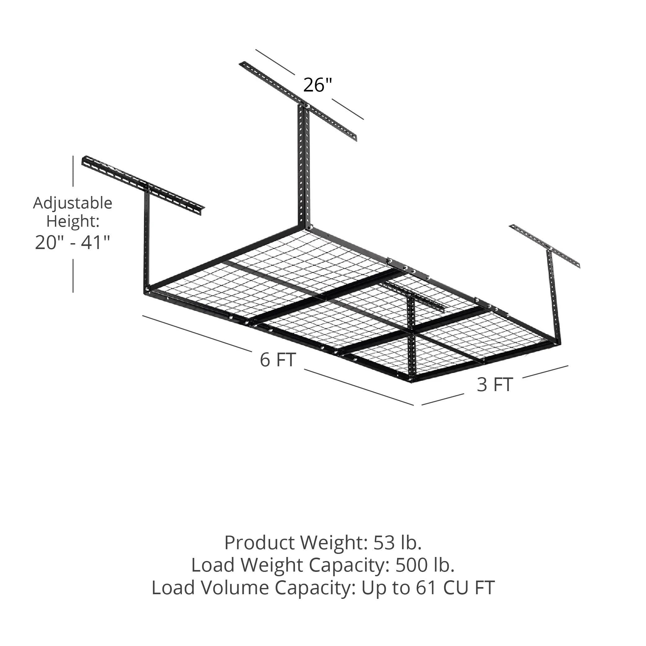 Mount Capacity, System, for Garage Titan 6' Rack, Storage 500 LB Metal 41" Loading with to Equipment x Height, 3' Organization Wire Overhead Grid Ceiling Attachments 20" Bikes Adjustable Storage Bins