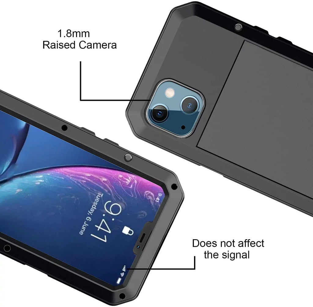 Glass Military Aluminum Gorilla (Black) Metal Heavy Protection, Scratch Travel Rugged Outdoor Grade and iPhone Duty Shockproof 14 Resistant Case Pro