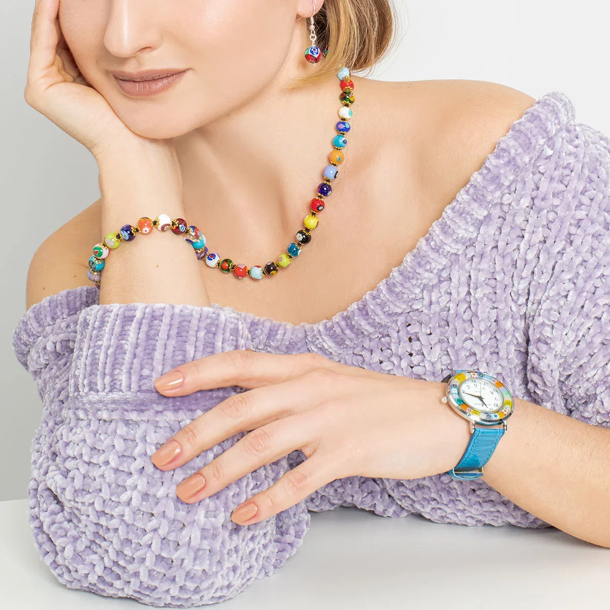 Blue With - Millefiori Band Leather Murano GlassOfVenice Watch Serena Light