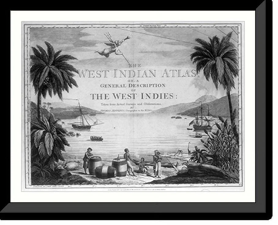 British and large scene three beach Print, with West sailor showing 21-7/8" on harbor], Natives the a x [A Indies two ships 17-7/8" in and in Framed the the Historic casks,