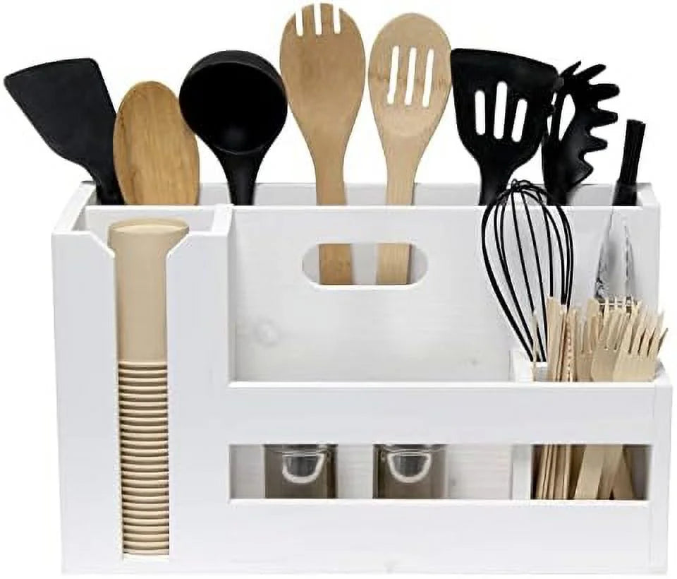 Pantry Events Picnic, Breakfast & BBQ Condiment Handle W Cutout Compartments Kitchen For Picks Flatware Wooden Utensils & Farmhouse Caddy Wash Organizer D¨¦cor Countertop Wht