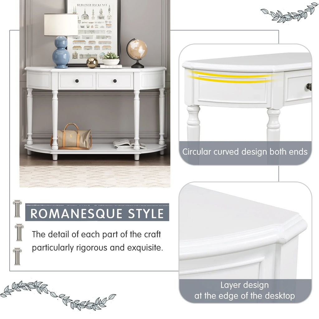 Two OLD Style with Table Legs Retro Solid (White, Frame and SKU: Drawers Console Curved Shelf Design Circular Wooden Top WF298768AAK) Open