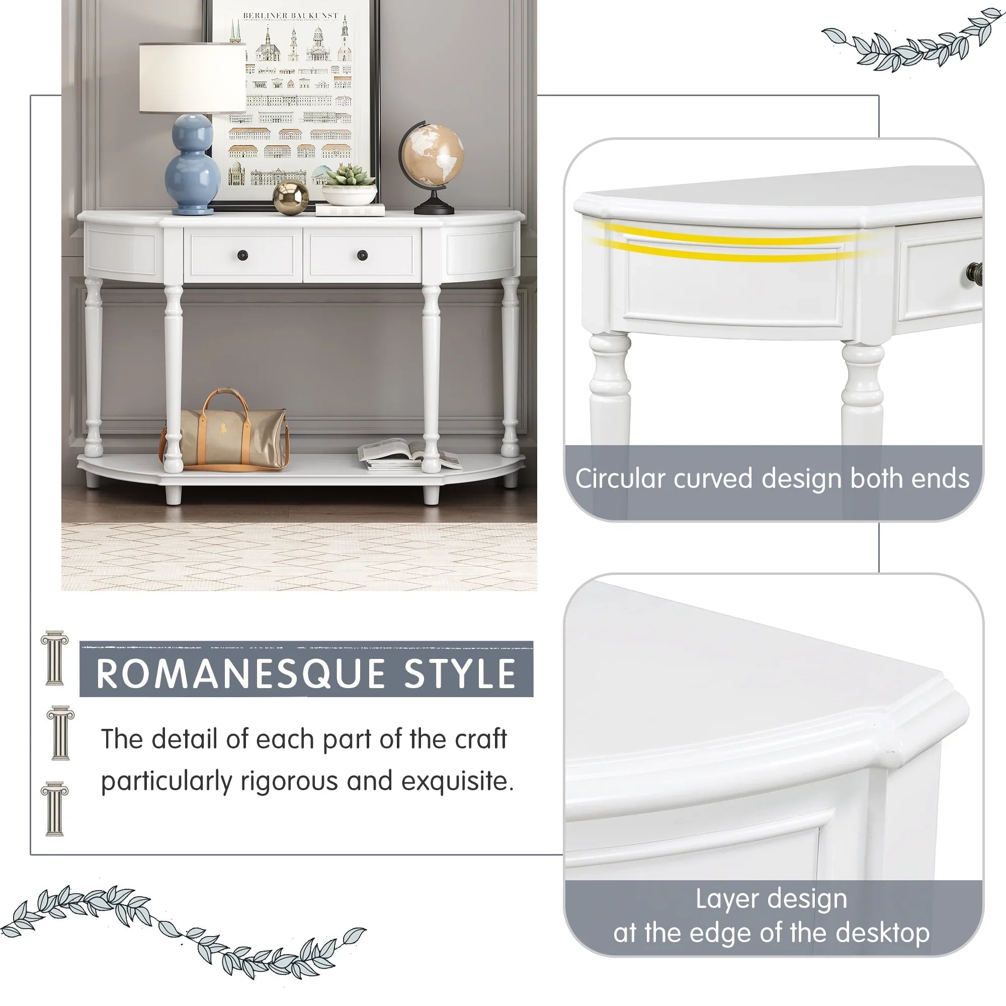 Two OLD Style with Table Legs Retro Solid (White, Frame and SKU: Drawers Console Curved Shelf Design Circular Wooden Top WF298768AAK) Open