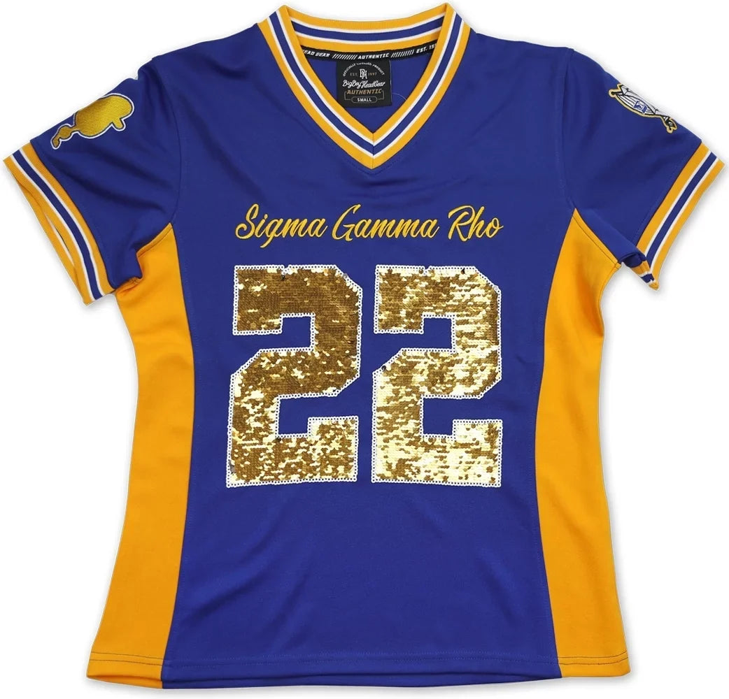 Rho S] [Royal Sequins Football - 9 S12 Divine Gamma Sigma Boy Ladies Jersey Blue Big