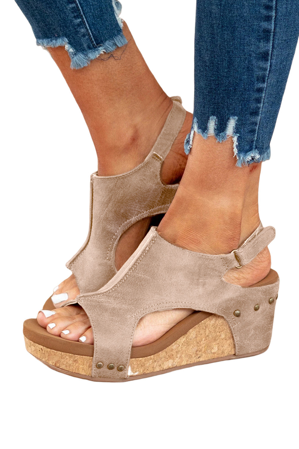 Stitching Leather Wedge Gray Vintage Studded Sandals