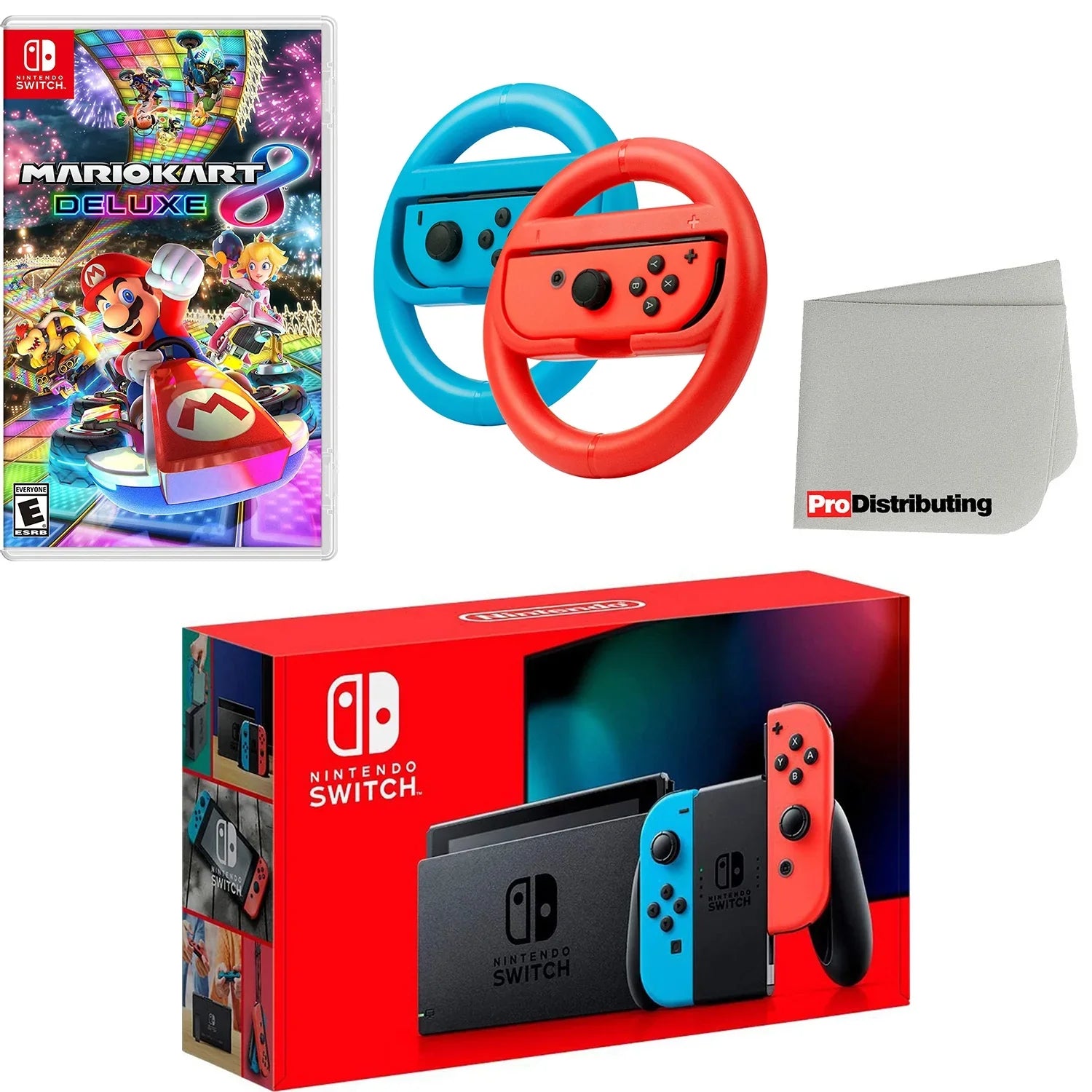 Cloth Nintendo Screen Mario Deluxe, Console Neon Red Blue Kart with Joy-Con Switch Set Steering Wheel 8 and Cleaning &