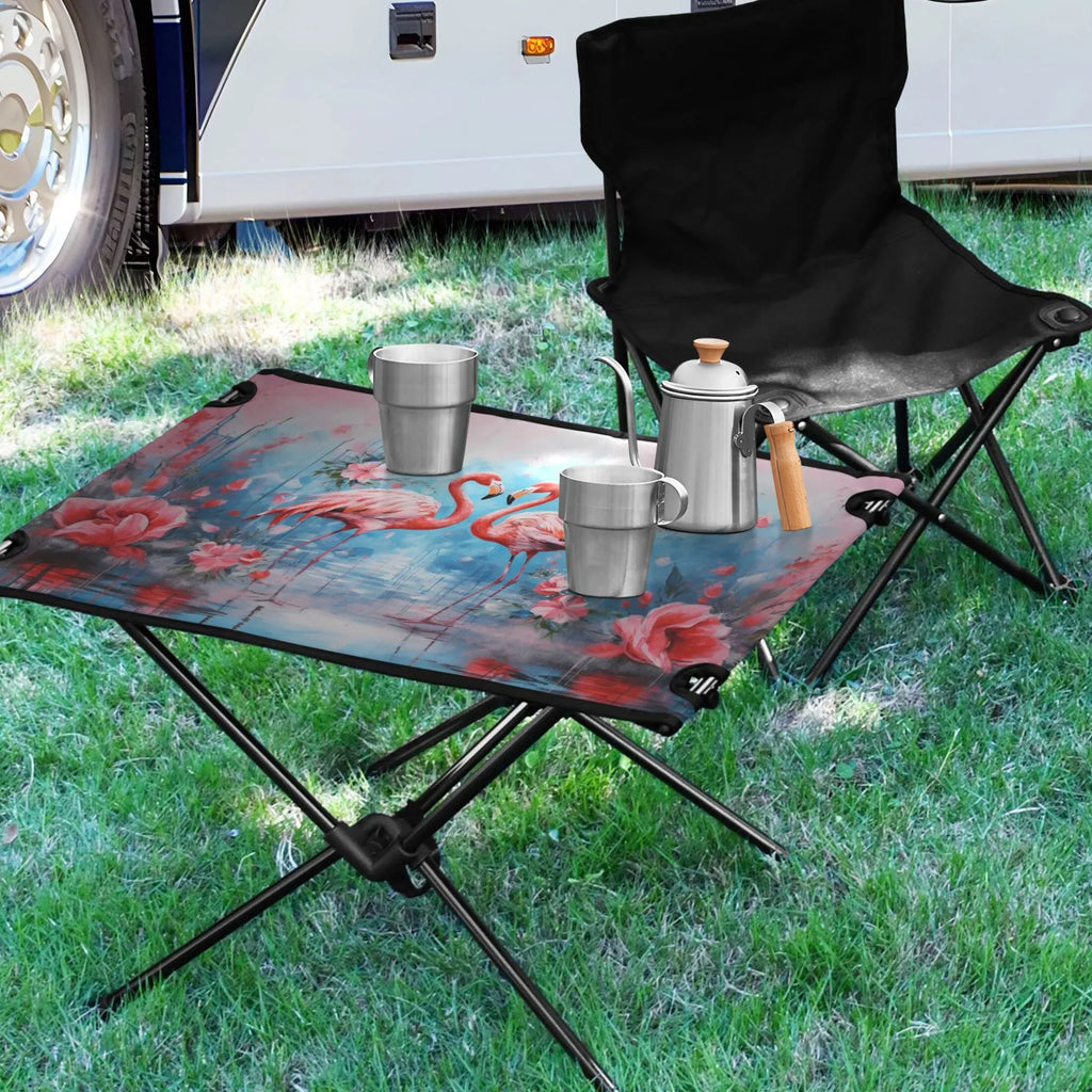 BBQ Flowers Beach Fishing Outdoor Hiking and for Table Flamingos Foldable Table Storage Picnic Bag Camping Table with Compact Portable