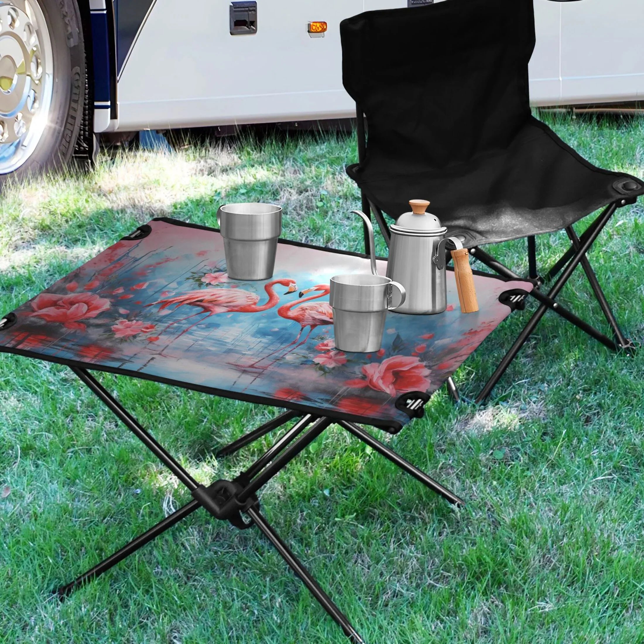 BBQ Flowers Beach Fishing Outdoor Hiking and for Table Flamingos Foldable Table Storage Picnic Bag Camping Table with Compact Portable
