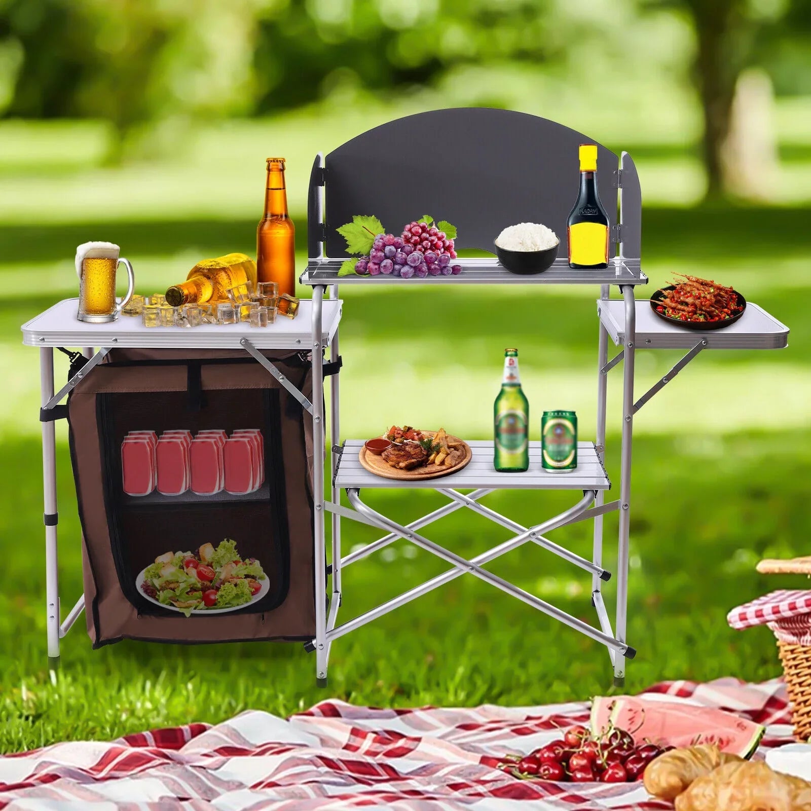 Portable Folding Table Brown Camping Barbecue Station Kitchen DENEST Cover Fabric Rack