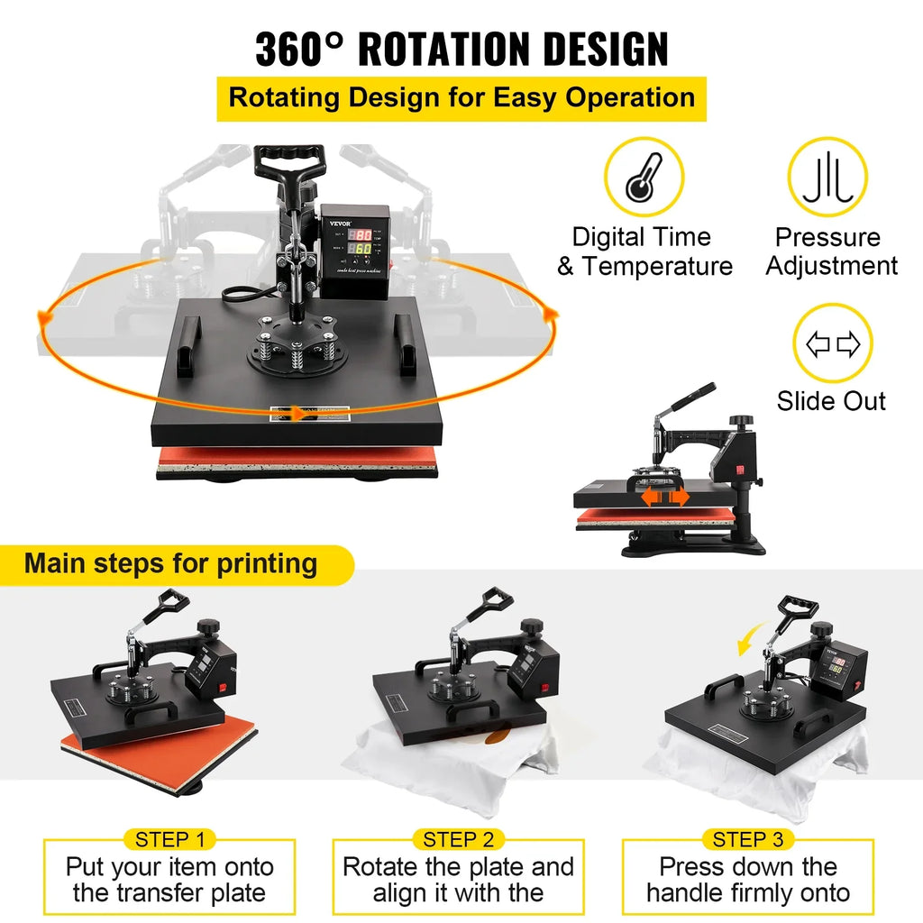 1 Press Dual Transfer Digital Heat Rotation Away 360 Machine Degree VEVOR LED Sublimation Multifunctional Combo Swing 8 15"x15" Display Heat Machine in