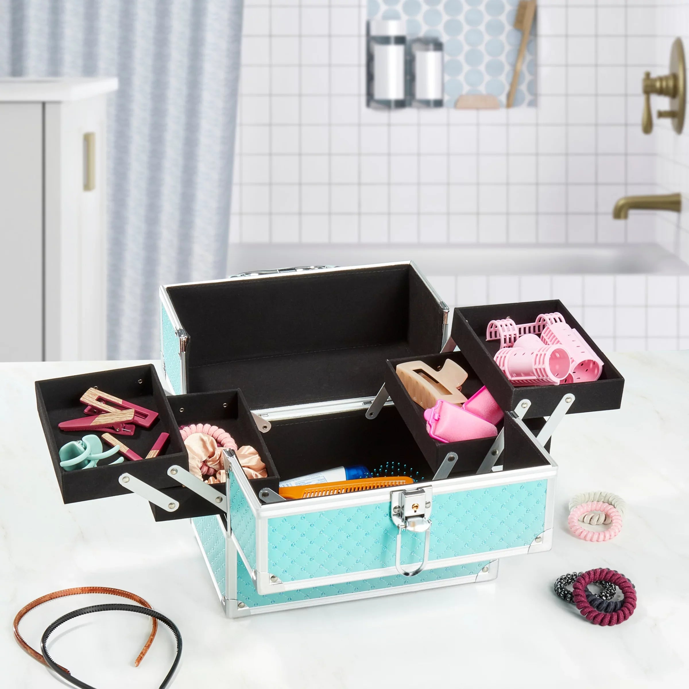 Color, Teal Train Makeup trays, 4 Cosmetics 9.85" 7.9" 6.7" Organizer, x Case x