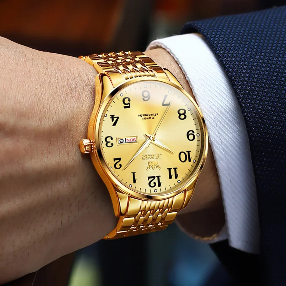 OLEVS Dial Numerals for Hombre, Watch Arabic Men Winding for Male Self Adult Gifts Men, Easy Face Waterproof Gold Reader Wristwatch Para Large Reloj