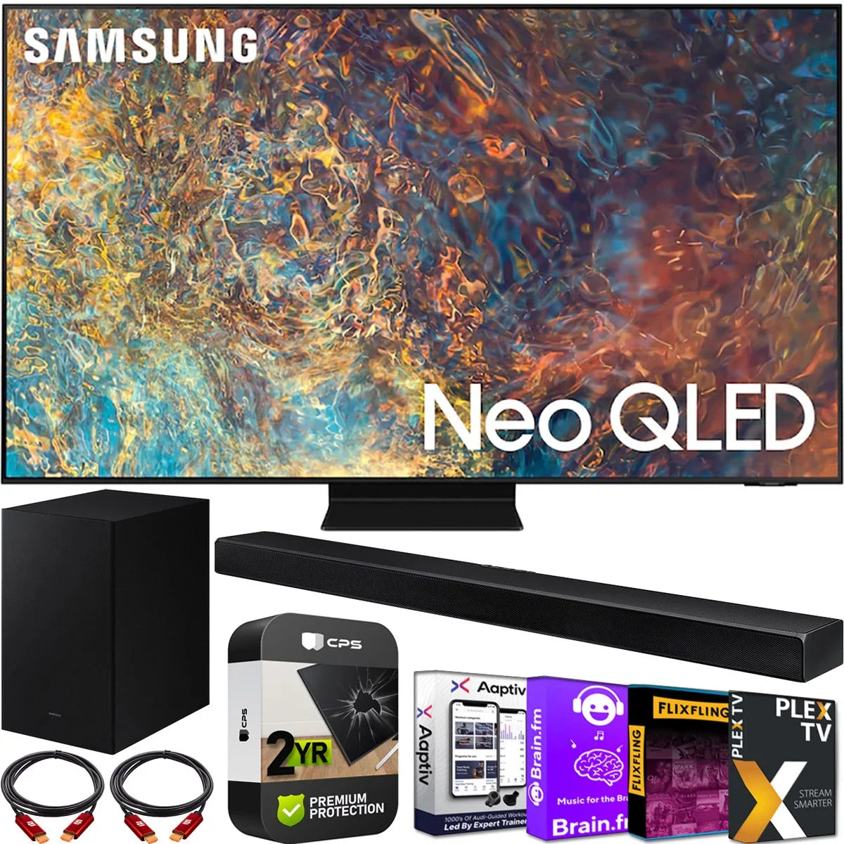 65 2 Year (2021) Bundle Deco TV 2 Kit Samsung with Neo 4K QN65QN90AA Protection Soundbar and Extended Streaming Smart Inch with Plan Cables Subwoofer 3.1ch HDMI Pack TV Premium HW-A650 QLED Gear