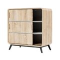 Moderne houten kast met 3 lades en open schap, zwart metalen poten