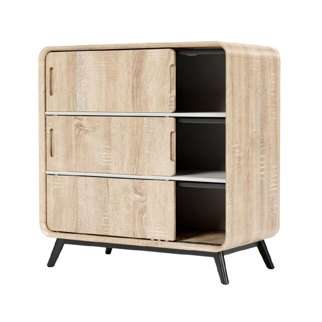 Moderne houten kast met 3 lades en open schap, zwart metalen poten