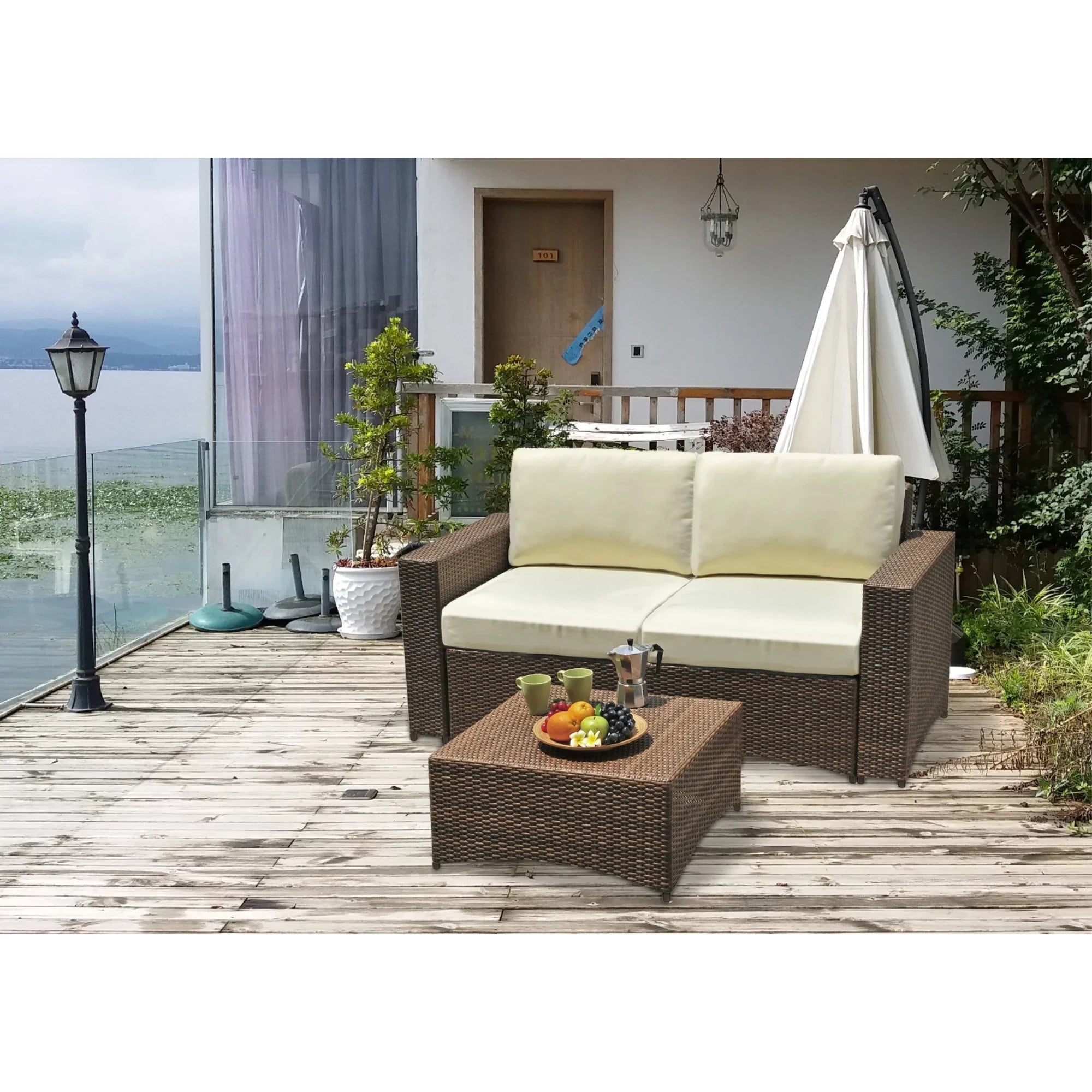 3 Patio Brown Shine Dark Set in Studio W Modular Unlimited Loveseat Piece