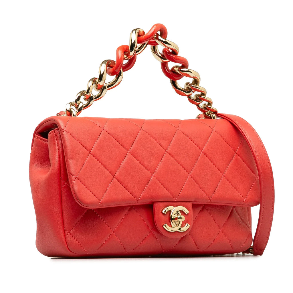 Red Lambskin Authenticated Leather Chanel Unisex Elegant Single Flap Satchel (Good) Pre-Owned Chain Small