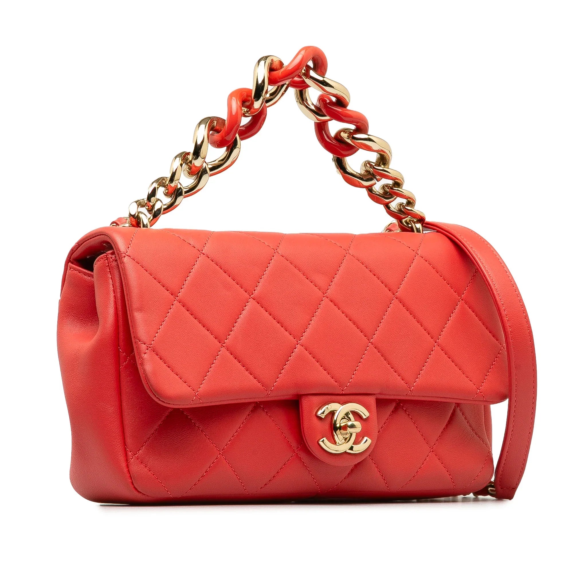 Red Lambskin Authenticated Leather Chanel Unisex Elegant Single Flap Satchel (Good) Pre-Owned Chain Small