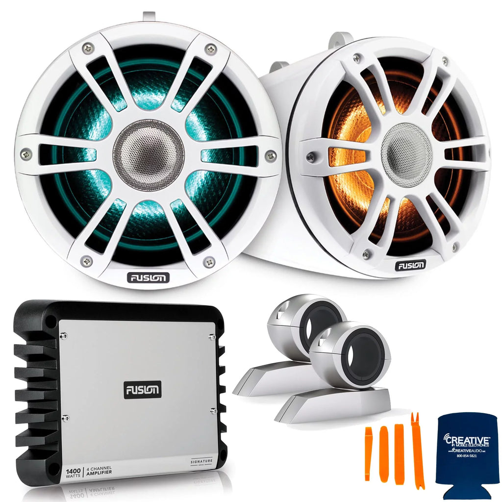 Sports White Swivel 7.7'' Tower and Speaker SG-FLT772SPW Fusion with 4-Channel Clamps Amplifier SG-DA41400