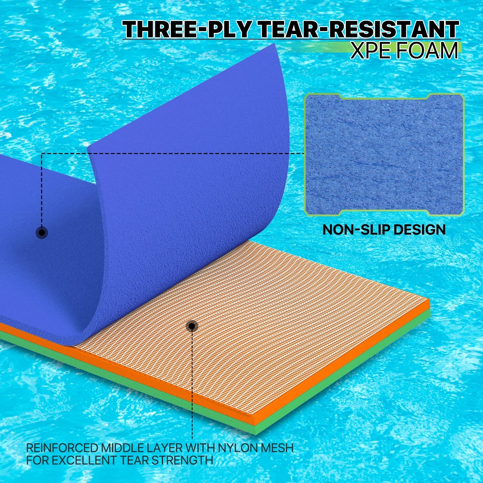 for Pool Water Tear-Resistant 3-Layer Lake Water Outdoor Pad, Mat, XPE Foam Water Recreation Lily Blue Ocean Mat River 6x2ft Float Activities, Pad Magshion Floating Floating