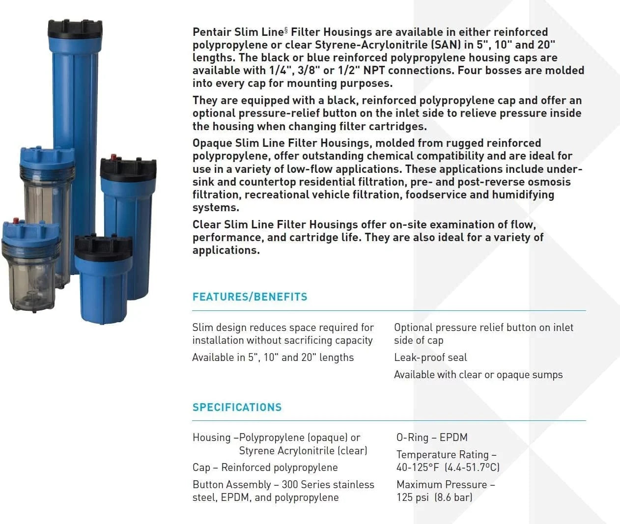 sump Female release. 10" Slim features Filter a Line 1/4" and clear Housing pressure Threads. Pipe 158116 No Pentek