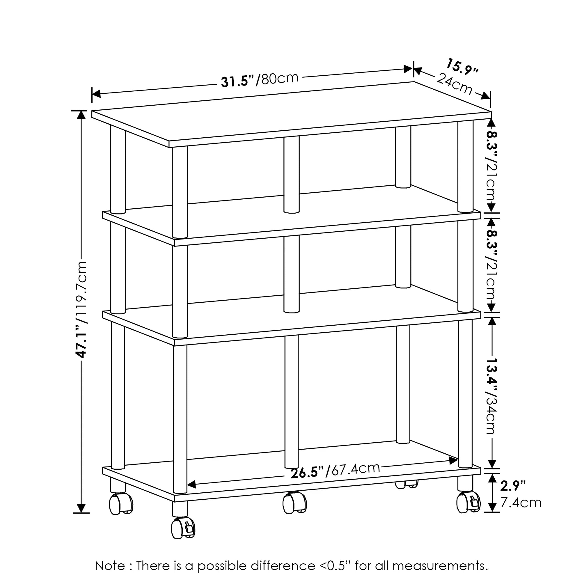 Helena Walnut/Black Furinno wheels, 4-Tier Rolling Columbia Kitchen Island on