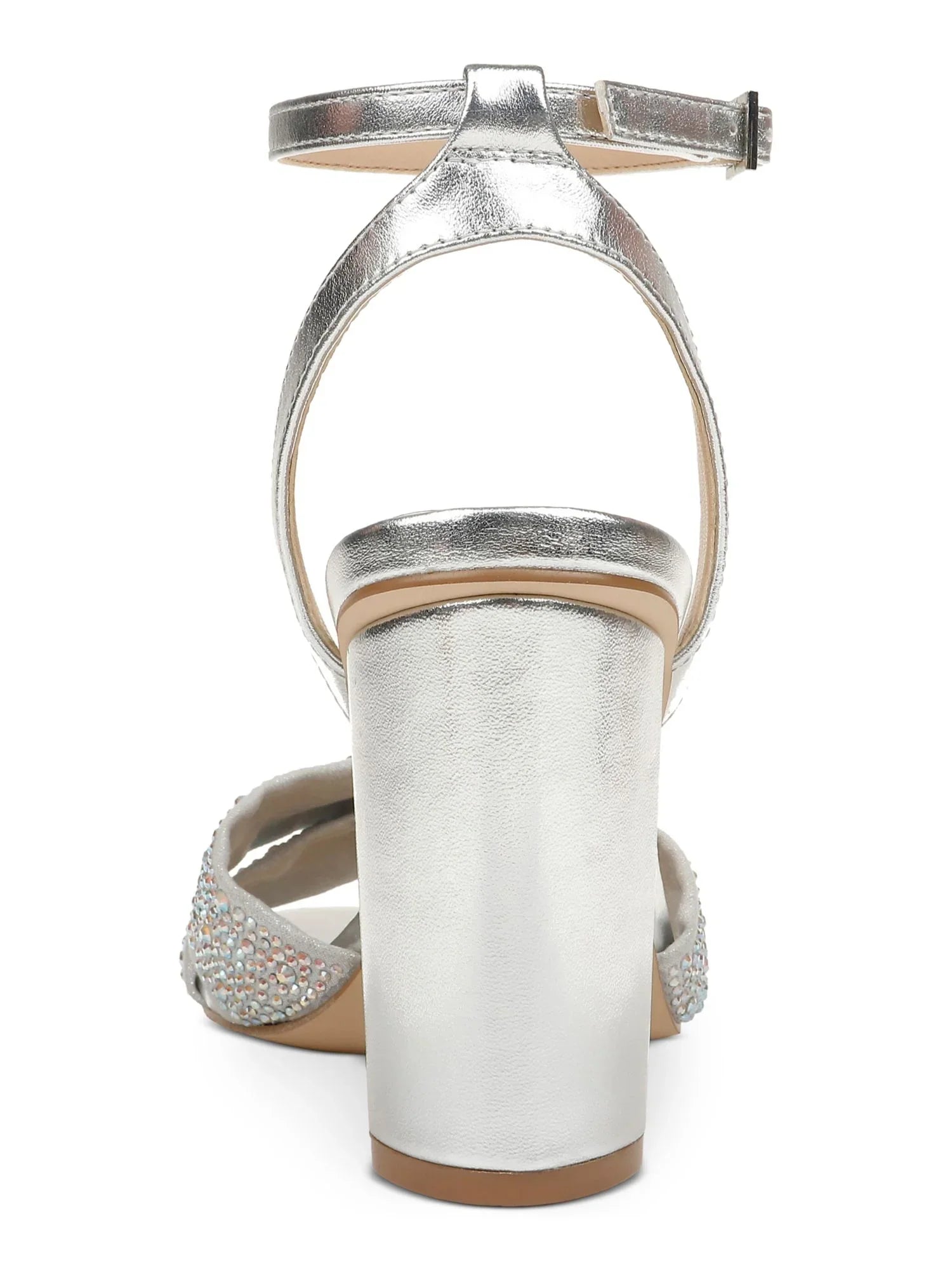 Strap Strap Toe Round M Dress Ankle MISCHKA BADGLEY Buckle Heel Block Nicoline Rhinestone Adjustable Metallic Sandal Womens Heeled Twisted Padded JEWEL 7.5 Silver Strap