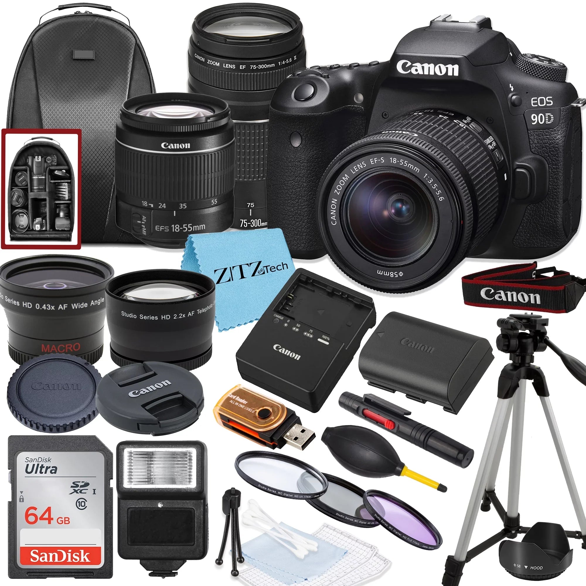 18-55mm, Card, Lens, 90D and Bundle 64GB Flash, SanDisk Tripod Backpack, 75-300mm with ZeeTech Camera DSLR EOS Accessory Canon