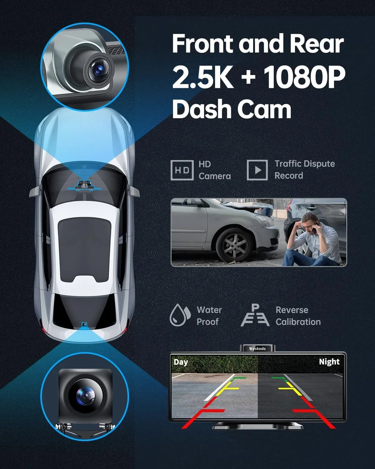 Carplay Auto Car Wireless Touchscreen, Portable IPS Dash Camera, Cam Backup Adjustable & 2.5K & Android Radio Bluetooth, Navigation, 1080P Mount, CAIHONG with GPS Stereo, Screen Detachable & HD 10.26"