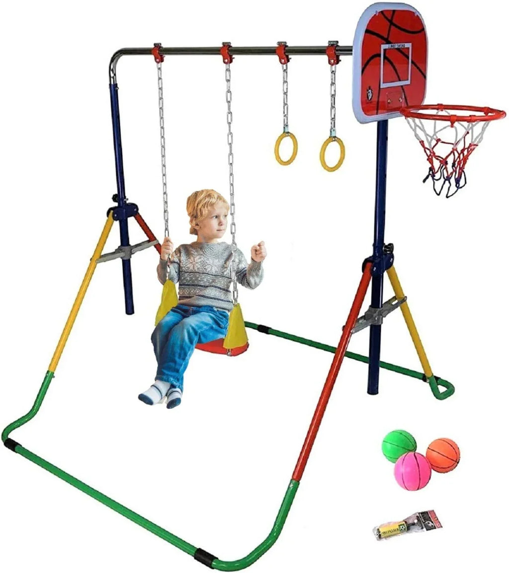 Bar Folding Junior Hoop Gym Bar for 4-in-1 Set Gymnastics Height-Adjustable Training with - Rings, Swing, Basketball Home