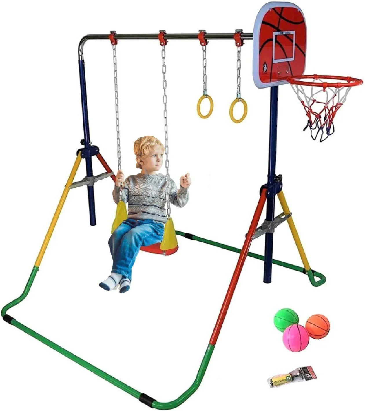 Bar Folding Junior Hoop Gym Bar for 4-in-1 Set Gymnastics Height-Adjustable Training with - Rings, Swing, Basketball Home