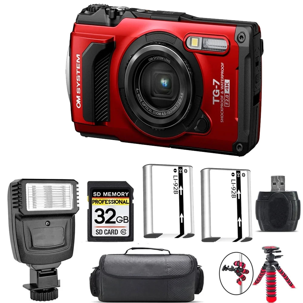 Kit SYSTEM (Red) Flash Olympus Tough - TG-7 + Camera OM Digital 32GB + Battery Extra