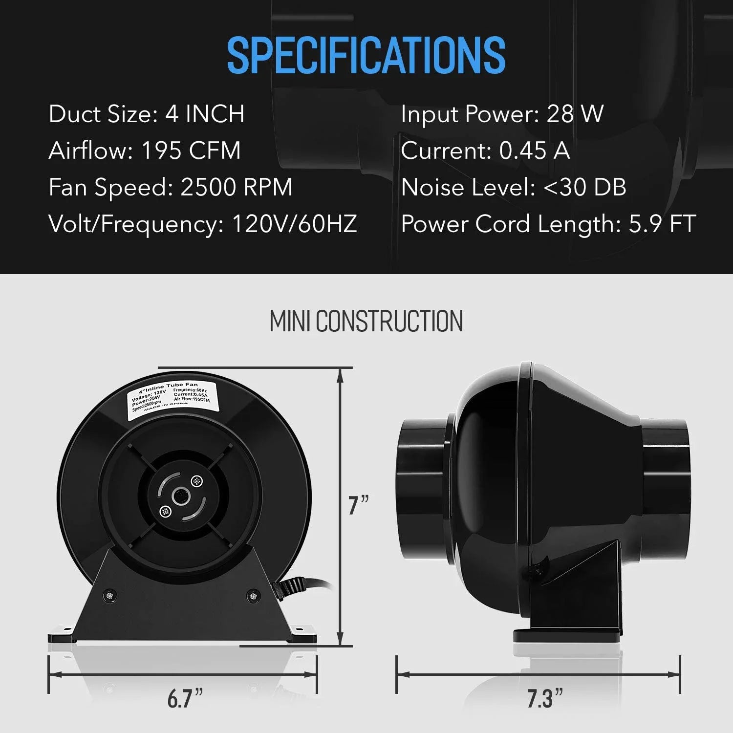 inch CFM 195 Grow Circulation 1-Pack Duct 4 Inline 4" Blower iPower Lite, Air Black, Fan Ventilation Vent for Tent,
